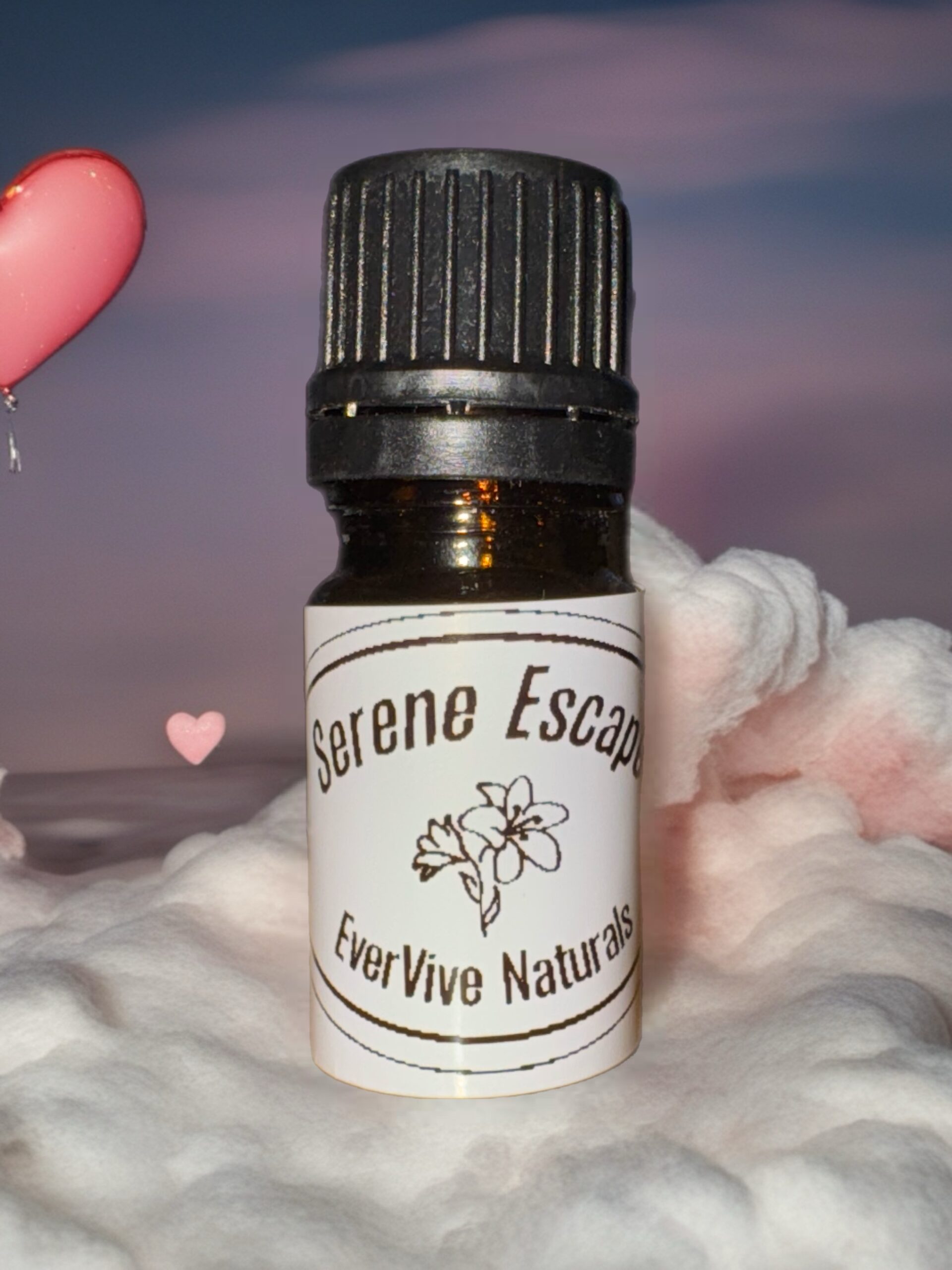 Serene Escape Blend – relaxing essential oil blend with lavender, frankincense, and citrus oils in amber bottle on soft linen with dried flowers
