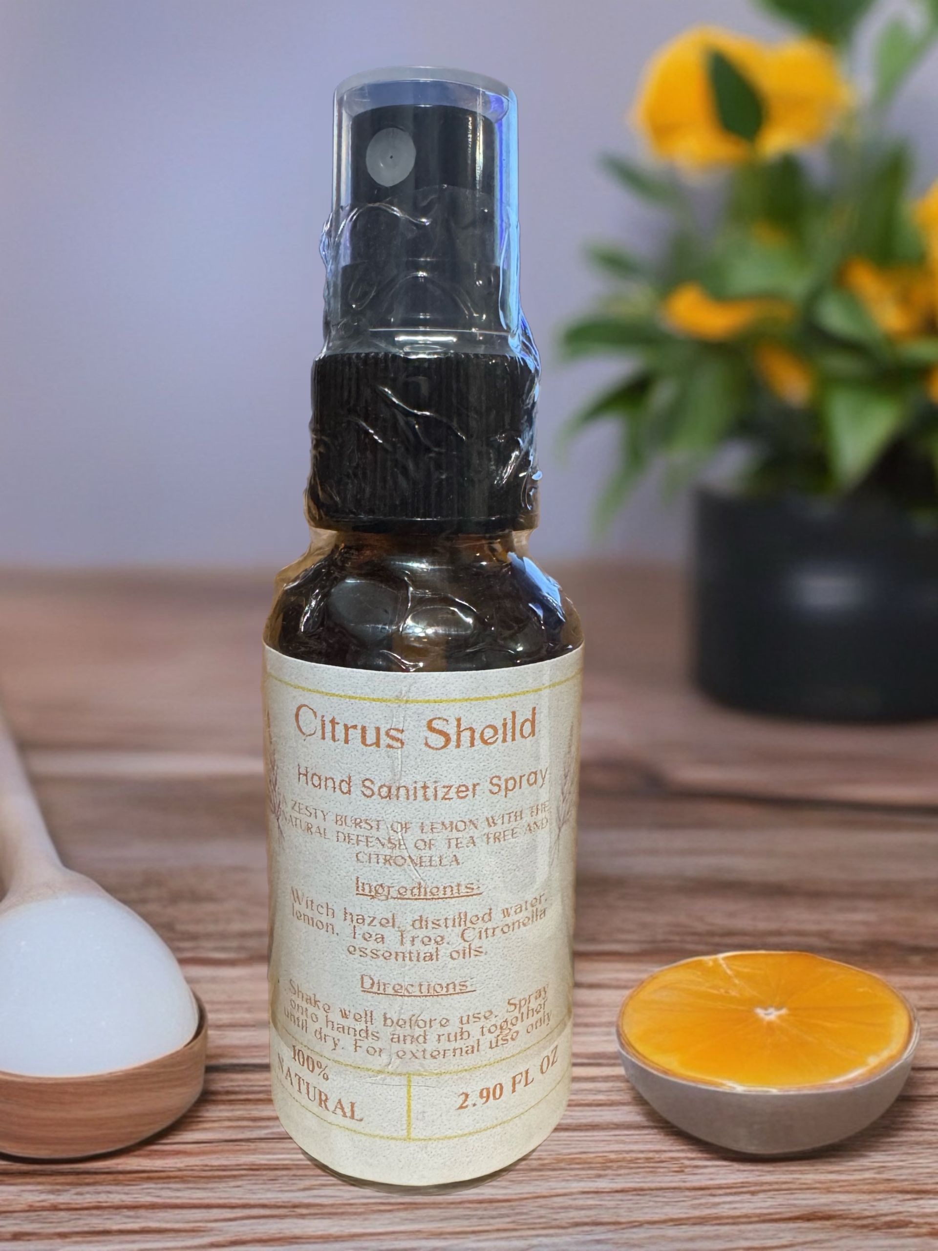 Citrus Shield hand sanitizer with witch hazel and essential oils