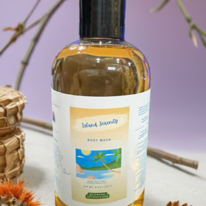 EverVive Naturals Island Serenity Body Wash on sandy beach background