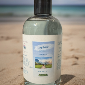 Sky Breeze Body Wash bottle with airy sky-inspired label design